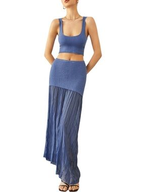 Commense Set Knit Crop Top & Asymmetrical Sheer Maxi Skirt Small NWT Capri Blue